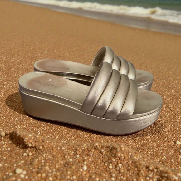 J SLIDES Gold Leather Platform Slides Sandals Size 10 - Picture 2 of 10